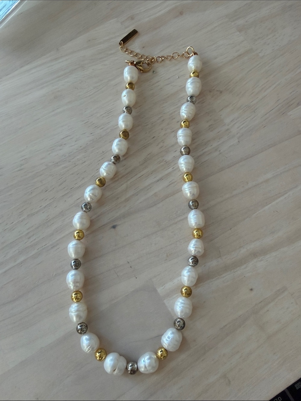 Freshwater Pearl Necklace with Mixed Accent Beads - White, Gold, Silver - Picture 4 of 4
